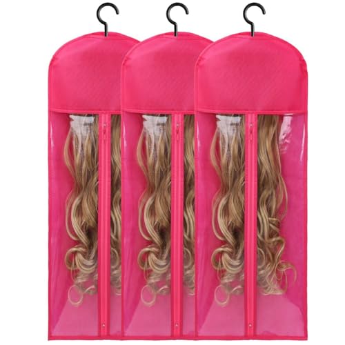 AIDIRui 3 Extra Lange Perückenaufhänger und Aufbewahrungstaschen, Staubdichter und Wasserdichter Haarverlängerungshalter, Entworfen für Perücken in Rosenrot von AIDIRui
