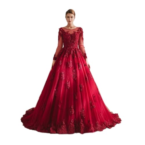 AIYIFUTY Brautkleid, Langarm-Hochzeitskleid, Blumenapplikationen, Hochzeitskleid, Ballkleid für die Braut,Red,14W von AIYIFUTY