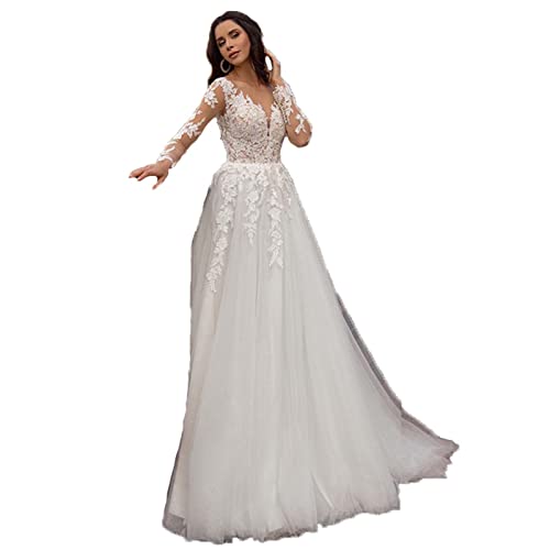 AIYIFUTY Brautkleid, langärmliges Hochzeitskleid mit doppeltem V-Ausschnitt, Meerjungfrauenkleid mit Blumenapplikationen aus Spitze,White,12 von AIYIFUTY
