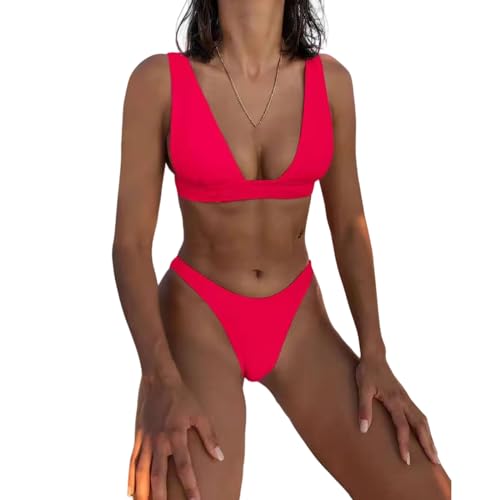 AJIEYMXW Bikini Damen Set Solid Bikini Frauen V-Ausschnitt Badebekleidung Zwei Stücke Badeanzug Weiblicher Bikini Set Badeanzug Badegäste-c-s von AJIEYMXW