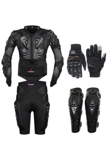 AKAUFENG MTB Protektor mit Kurzen Hosen + Knieprotektoren + Motorradhandsche für Downhill,Mountainbiken,Motorrad(3XL) von AKAUFENG