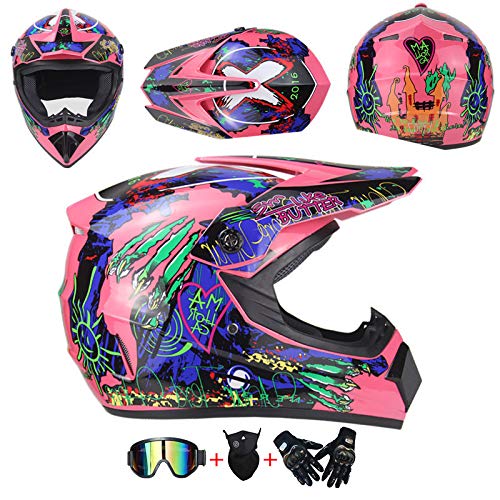 AKBOY Motocross Helm Kinder Pink Blau Full Face Motorradhelm Off-Road Motorrad Cross Helme für Mädchen Jungen Motorbike ATV MTB Sport Motorcycle Helmet Set mit Visier Brille Maske Handschuhe,M von AKBOY