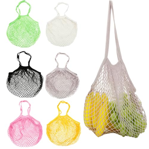 AKOLAFE 6 Stück Einkaufstasche Netz Wiederverwendbar Netztasche Mesh Baumwolle 6 Farben Netzbeutel mit Langer Griff Faltbar Einkaufstasche Netz für Obst Gemüse von AKOLAFE