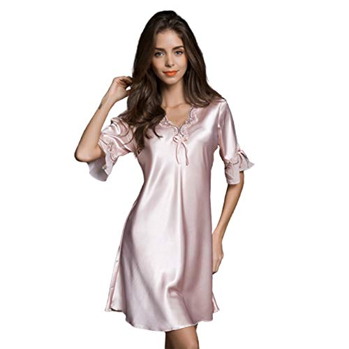 Frauen Satin Nachthemd Damen Seidenwäsche Nachtkleid Nachtwäsche Unterwäsche Kurzes Trägerkleid V-Ausschnitt,Pink,M von AKT