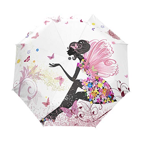 Automatischer Faltbarer Regenschirm, Blumenfee und Schmetterlinge, UV-Schutz, tragbarer Sonnenschirm und Regenschirm für Kinder, Damen, Herren Weiß Abbildung 010 Einheitsgröße von alaza