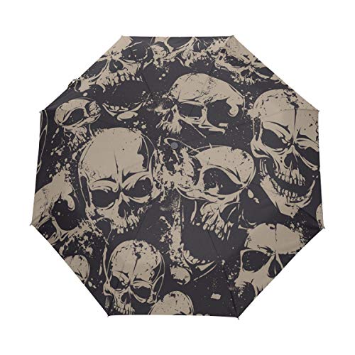 Automatischer Faltbarer Regenschirm, Grunge Skulls UV-Schutz Regenschirm, tragbarer Sonnen- und Regenschirm für Kinder, Damen, Herren Schwarz Skulls 021 Einheitsgröße von alaza