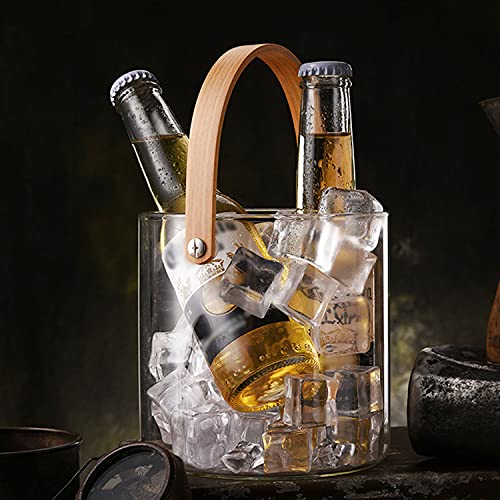 ALEjon 5 l/2,7 l Glas-Eiskübel mit Holzgriffen, für Eiswürfel, Bier- und Champagnerflaschen, transparente Eiskübel für Partys, Snack-Getränkefass, leicht zu reinigen/transparent/1,5 l von ALEjon