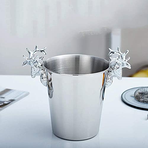 ALEjon Collic Großer Champagner-Eiskübel aus Metall, mit Edelstahl beschichteter Eiskübel mit Hirschkopf-Griff, Retro-Eiskübel, Heimdekoration/Silber/L von ALEjon