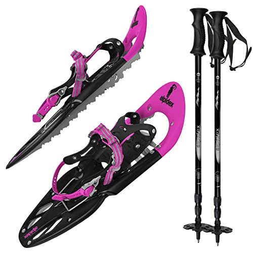 ALPIDEX Schneeschuhe 25 INCH Schuhgröße 38-45 bis 130 kg Steighilfe Tragetasche Optional Stöcke, Farbe:Pink mit Stöcken von ALPIDEX