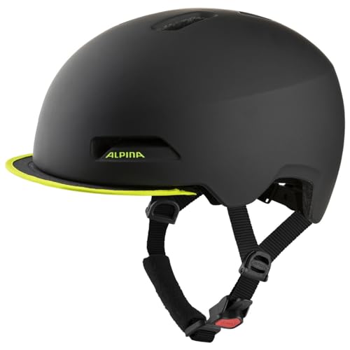 ALPINA BROOKLYN - Beleuchteter, Robuster und Komfortabler Urban Fahrradhelm Mit LED-Licht Für Erwachsene, black-neon yellow matt, 57-62 cm von ALPINA