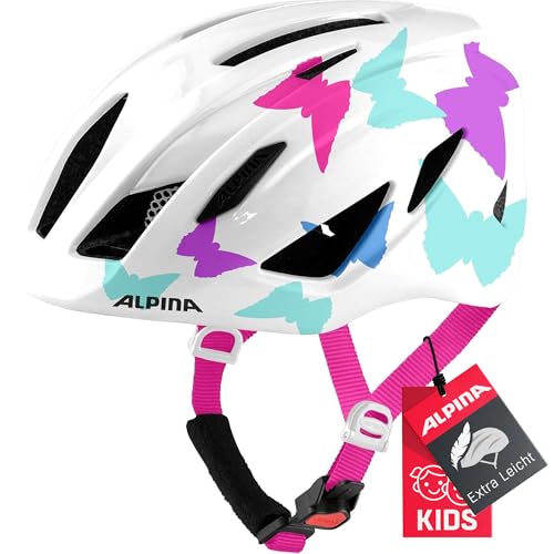 Alpina PICO - Leichter, Optimal Klimatisierter & Bruchfester Fahrradhelm mit Fliegennetz Für Kinder, optional mit Licht, pearlwhite Butterflies Gloss, 50-55 cm von ALPINA