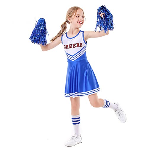 ALUCIC Mädchen Cheerleader Kostüm Cheerleading Uniform Karneval Fasching Party Halloween Kostüm Kleid Minirock mit 2 Pompoms und Socken (Blau, 116-122) von ALUCIC