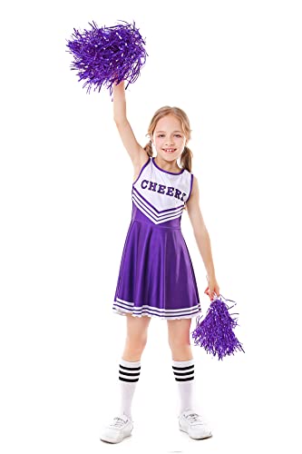 ALUCIC Mädchen Cheerleader Kostüm Cheerleading Uniform Karneval Fasching Party Halloween Kostüm Kleid Minirock mit 2 Pompoms und Socken (Lila, 116-122) von ALUCIC