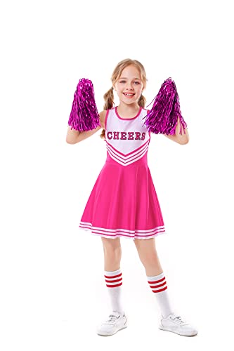 ALUCIC Mädchen Cheerleader Kostüm Cheerleading Uniform Karneval Fasching Party Halloween Kostüm Kleid Minirock mit 2 Pompoms und Socken (Rose, 104-110) von ALUCIC