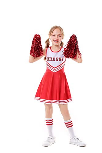 ALUCIC Mädchen Cheerleader Kostüm Cheerleading Uniform Karneval Fasching Party Halloween Kostüm Kleid Minirock mit 2 Pompoms und Socken (Rot, 104-110) von ALUCIC