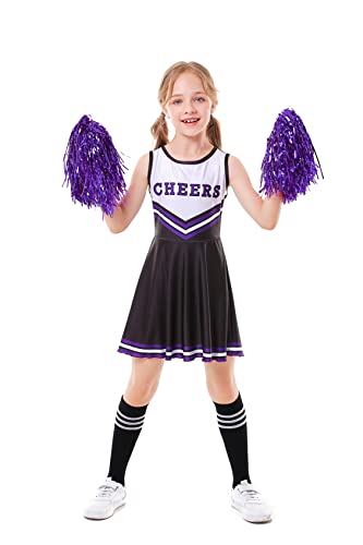 ALUCIC Mädchen Cheerleader Kostüm Cheerleading Uniform Karneval Fasching Party Halloween Kostüm Kleid Minirock mit 2 Pompoms und Socken (Schwarz, 128) von ALUCIC