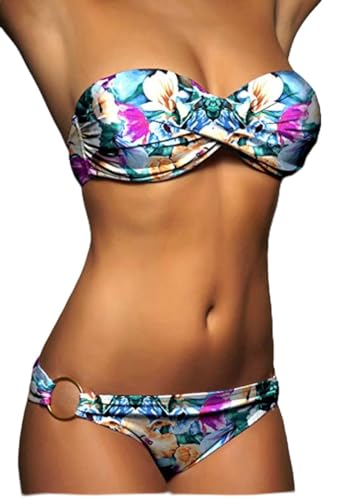 ALZORA Twist Push Up Bandeau Bikini Set Damen Pushup Badeanzug viele Farben und Größen (L, Leopardenmuster) von ALZORA