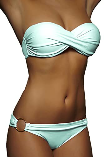 ALZORA Twist Push Up Bandeau Bikini Set Damen Pushup Badeanzug viele Farben und Größen (M, ZZ06-Blau Bänder) von ALZORA