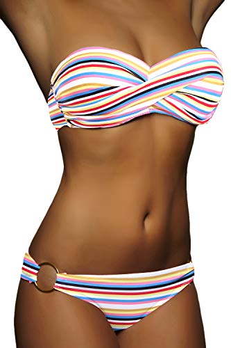 ALZORA Twist Push Up Bandeau Bikini Set Damen Pushup Badeanzug viele Farben und Größen (S, Bunte Streifen) von ALZORA