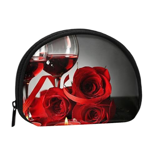 Romantisches Liebhaberdekor mit roten Rosen und Wein, Brieftasche Shell Make-up Tasche Frauen Aufbewahrungstasche Kleine Geldbörse Shell Wechseltasche von ALZVULG