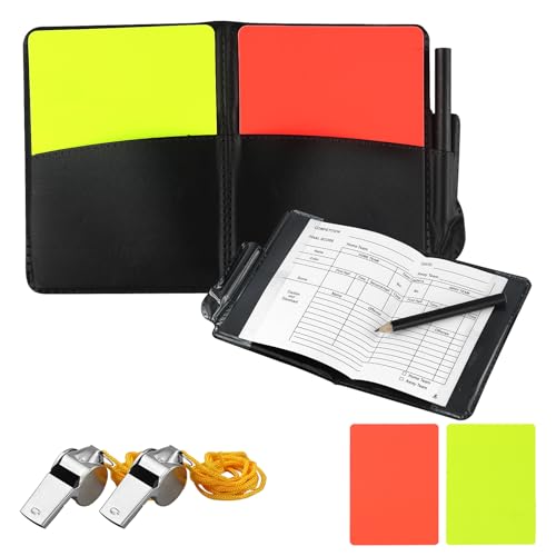 AMANDELIZABE 4 PCS,1 Football Referee Cards Referee Whistle Set,Including Red and Yellow Referee Cards, 2 Stainless Steel Whistles, 1 Black Card Pocket, Containing 5 Match Reports and 1 Pencil von AMANDELIZABE