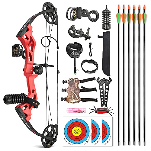 AMEYXGS Bogenschießen Compoundbogen Set für Anfänger Junior Bogen Compoundbogen und Pfeil Kit für Jugendliche 17"-27" Auszugslänge 10-30lbs Einstellbar 260fps IBO Sportbogen (Rot) von AMEYXGS