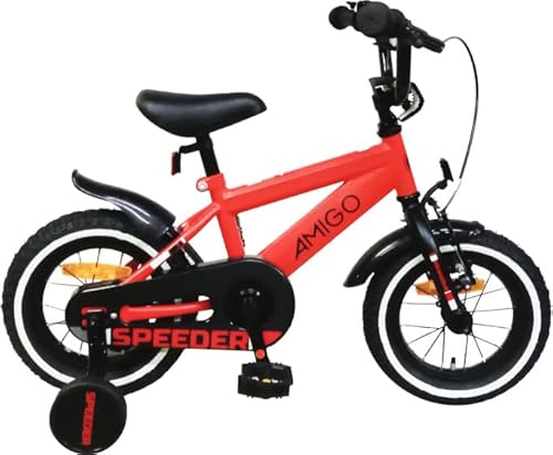 AMIGO Speeder - Kinderfahrrad - 12 Zoll - mit Handbremse, Rücktritt, Lenkerpolster und Stützräder - ab 3-4 Jahr - Rot/Schwarz von AMIGO