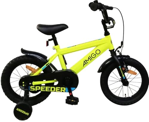 AMIGO Speeder - Kinderfahrrad - 14 Zoll - mit Handbremse, Rücktritt, Lenkerpolster und Stützräder - ab 4-5 Jahre - Gelb/Schwarz von AMIGO