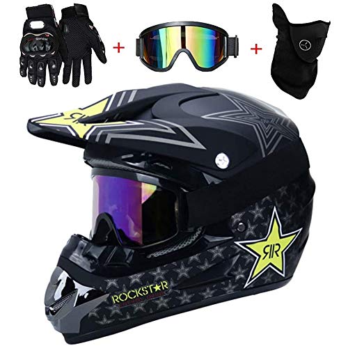 AMITD Motocross Helm Set mit Handschuhe Maske Brille, Unisex Adult Off Road Helm Kit Motorradhelm Cross Helme Schutzhelm ATV Helm mit Abnehmbare Earmuffs, Black, M(54~55) von AMITD