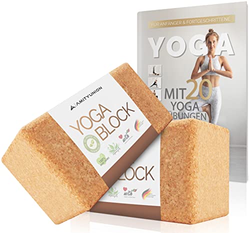 Yoga Block 2er SET Kork 100% Natur - Hatha Klotz für Anfänger Meditiation & Pilates, Fitness Zubehör Hilfmittel für Regeneration, Rücken, Dehnübungen & Blockaden Training, Zwei Stück 90 mm von AMITYUNION
