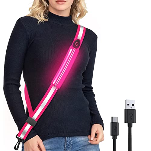 AMIUHOUN Reflektierende LED-Gürtelschärpe für Spaziergänge in der Nacht, wiederaufladbarer LED-Laufgürtel für Läufer, Spaziergänger, Rosa von AMIUHOUN
