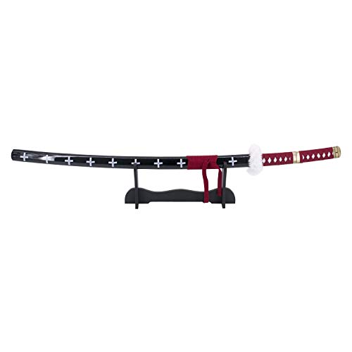 Katana S5017 von Trafalgar Law aus One Piece, inoffizielle Replik, 102 cm Schwarze Stahlklinge, Griff mit hellbrauner Wicklung und mit Samt bezogene Tsuba, mit Ständer. Ref. S5017 von AMONT