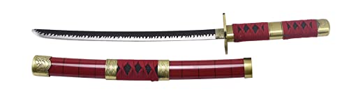 Katana S5054 Sandai Kitetsu von Zoro aus One Piece - inoffizielle 45 cm Lange Replik mit schwarzer gezackter satinierten Stahlklinge, burgunderrotem umwickeltem Griff und Ständer von AMONT