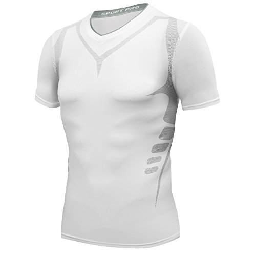 AMZSPORT Herren Kompressions-Shirt Kurzarm Funktionsshirts Baselayer Kurzarm,Weiß,L von AMZSPORT