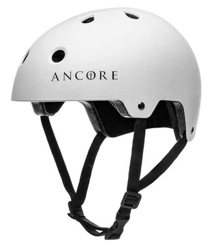 Ancore - Prolight - Helm für Skateboard, BMX, Scooter, Fahrrad und Extremsportarten - Hartschale, stoßfest, Verstellbarer Kinnriemen Skaterhelm (Weiß, S/M - Kopfumfang 55-58 cm) von ANCORE