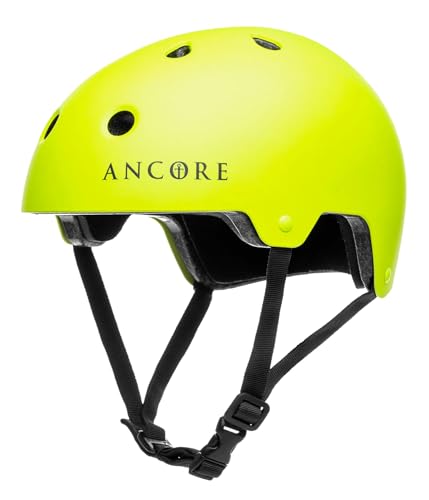 Ancore - Prolight - Helm für Skateboard, BMX, Scooter, Fahrrad und Extremsportarten, Hartschale, stoßfest, Verstellbarer Kinnriemen Skaterhelm (Neon Yellow, XXS/XS - Kopfumfang 50-54 cm) von ANCORE