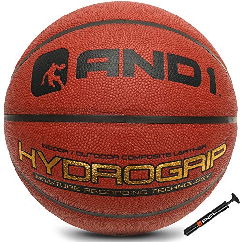 AND1 Hydrogrip Premium Composite Basketball & Pumpe, offizielle Größe 7 (74,9 cm), feuchtigkeitsableitender Streetball, für drinnen und draußen, Basketballspiele (Orange) von AND1