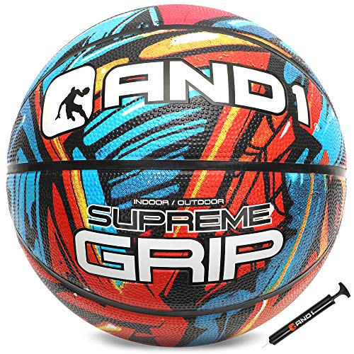 AND1 Supreme Grip Basketball & Pumpe, Gummi, offizielle Größe 7 (74,9 cm) Streetball, für drinnen und draußen Basketballspiele (blau/rot) von AND1
