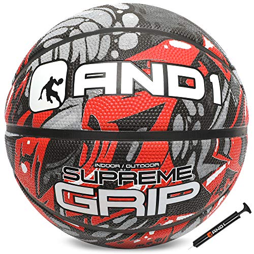 AND1 Supreme Grip Basketball & Pumpe, Gummi, offizielle Größe 7 (74,9 cm) Streetball, für drinnen und draußen Basketballspiele (rot/grau) von AND1