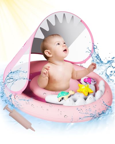 ANSTEN Schwimmring Baby Rosa, Baby Schwimmring ab 6 Monate 36 Monate，Baby Schwimmring mit Sonnendach、Abnehmbare Spielzeuge，Aufblasbare Doppelkreiskammer, zur Gewöhnung an das Wasser von ANSTEN