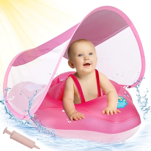 ANSTEN Schwimmring Baby mit Sonnendach Aufblasbare Baby Float Shwimmreifen Baby mit aufblasbarer Schwimmboje,Schwimmtrainer,Schwimmhilfe Spielzeug,Baby Schwimmring ab 6 Monate(Rosarot) von ANSTEN