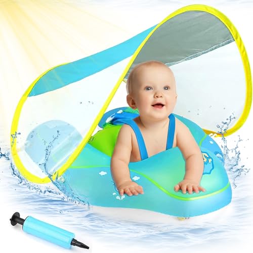 ANSTEN Schwimmring Baby mit Sonnendach Aufblasbare Baby Float Shwimmreifen Baby mit aufblasbarer Schwimmboje,Schwimmtrainer,Schwimmhilfe Spielzeug,Baby Schwimmring ab 3 Monate~12 Monate-Blau von ANSTEN