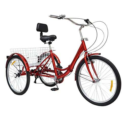 AOAPUMM 24 Zoll Adult Folding Tricycle, Senior Bike mit Komfortsitz mit Korb, 7 Speed Adult Tricycle (Rot) von AOAPUMM