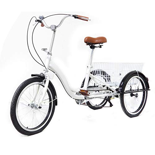 AOAPUMM Dreirad für Erwachsene, 20-Zoll-Dreirad, Gang mit Einkaufskorb, Dreirad, EIN-Gang-Dreirad für Erwachsene und Seniorenfahrrad (Weiß) von AOAPUMM
