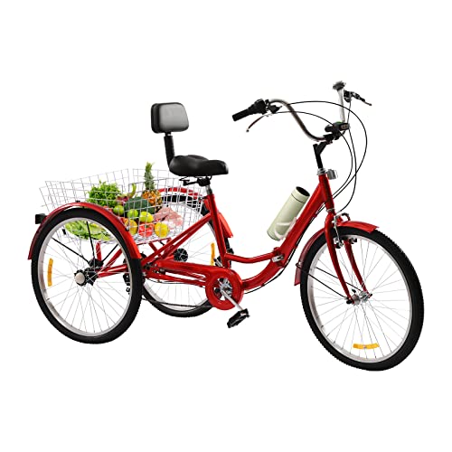 AOAPUMM Faltbares Dreirad für Erwachsene 24 Zoll Fahrrad 3-Rad Dreirad 7-Gang mit Einkaufskorb Dreirad für Erwachsene, Senioren, Frauen (Rosa) von AOAPUMM