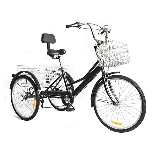 Adult Folding Tricycle 24 Zoll mit Getriebe Rückenlehne Cargo Bike mit Lichtern 7 Speed Tricycle Foldable Tricycle mit Korb 3 Wheel Rickshaw Fahrrad für Eltern / Ehepartner (Mit Frontwagen Blau) von AOAPUMM