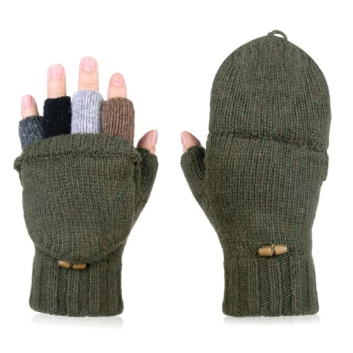 AOKAY Winter Handschuhe Fingerlose Fäustlinge Damen Fingerhandschuhe Fingerlos Handschuhe Strick Handschuhe mit Flip Top (Armeegrün von AOKAY