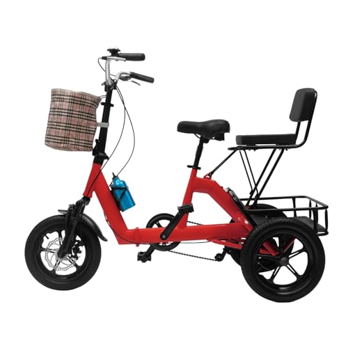 AOOUNGM Dreirad für Erwachsene 14 Zoll Faltbares Dreirad,Premium-Fahrrad mit Abnehmbaren Aufbewahrungskörbe Multifunktionales Dreirad Einstellbare Höhe Dreirad Outdoor-Dreirad (Rot) von AOOUNGM