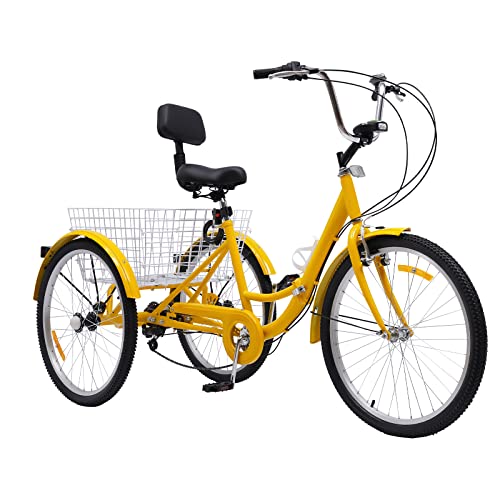 AOOUNGM 24 Zoll Dreirad für Erwachsene 7 Gang Dreirad Fahrrad Faltbares Dreirad Erwachsene Dreirad mit Einkaufskorb und Rückenlehne Kohlenstoffstahl Senioren Dreirad(Gelb) von AOOUNGM