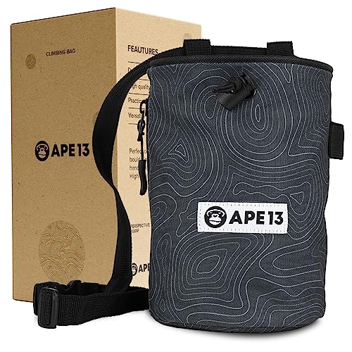 APE13® Chalk Bag zum Klettern und Bouldern (als Set & Einzeln) - inkl. Gurtband, Tasche, Halter für Bürste - Boulder Beutel für Magnesium - Kletter Chalkbag groß für Kalk/Kreide/Magnesia (Chalkbag) von APE13